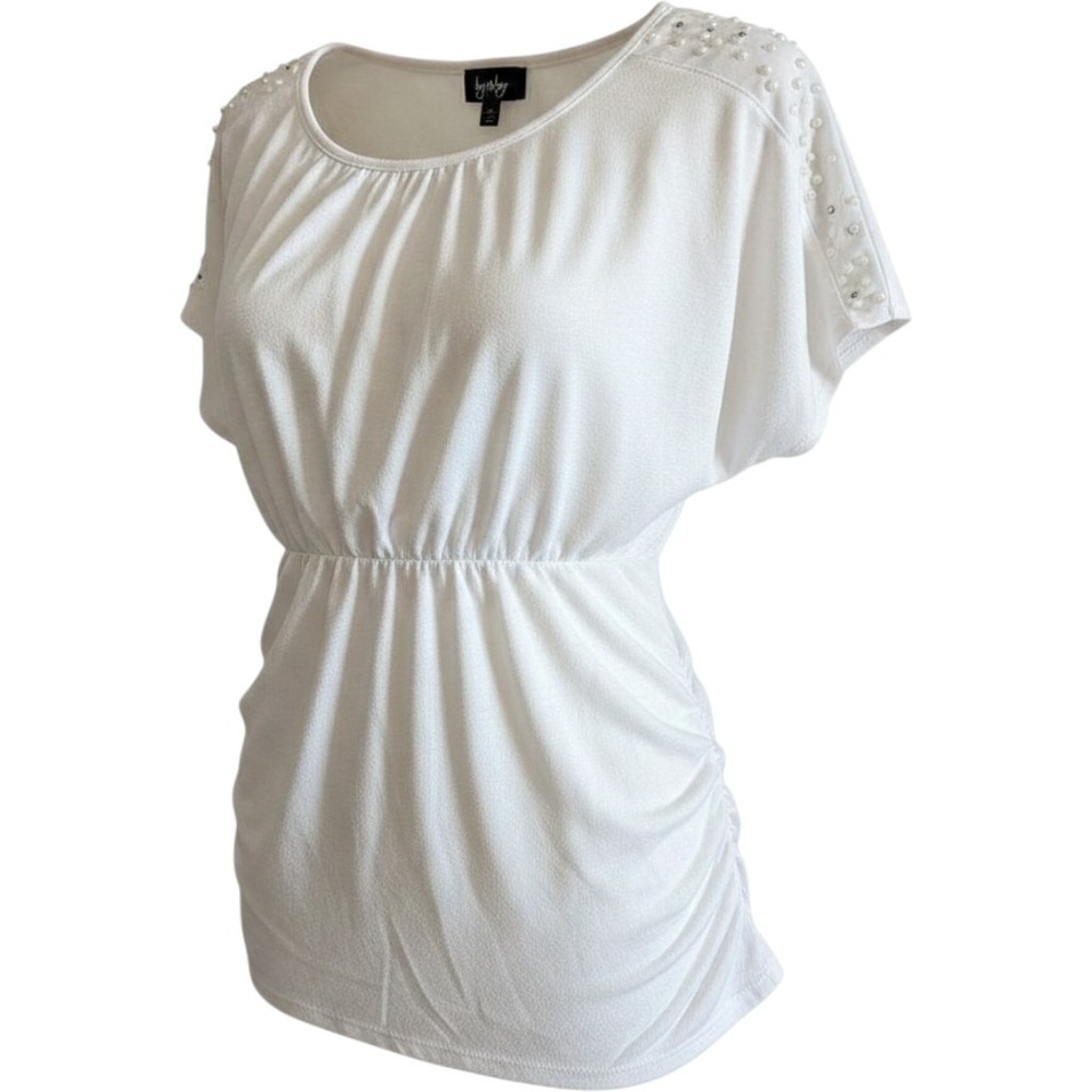 By‎ & By White Ruched Blouse with Pearl Embellished Shoulders